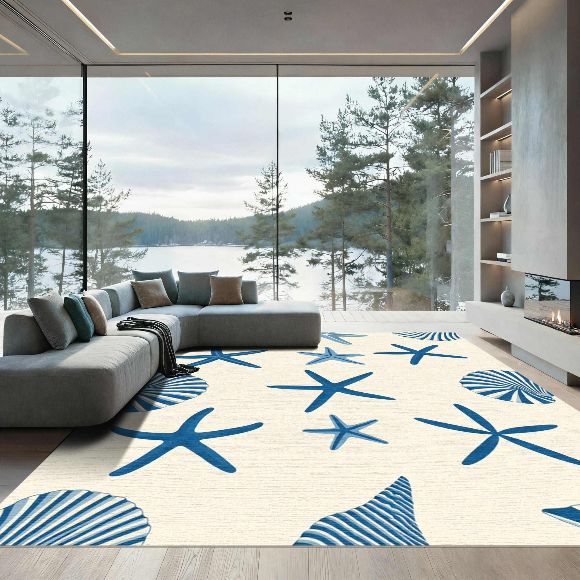 Deep Blue Starfish Seashell Collection Rug