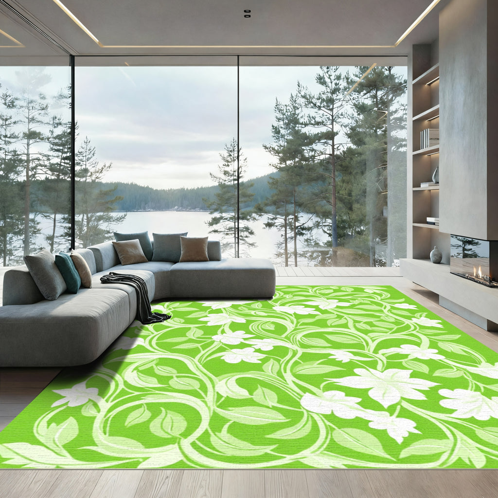 Vibrant Green Floral Vine Swirls Rug