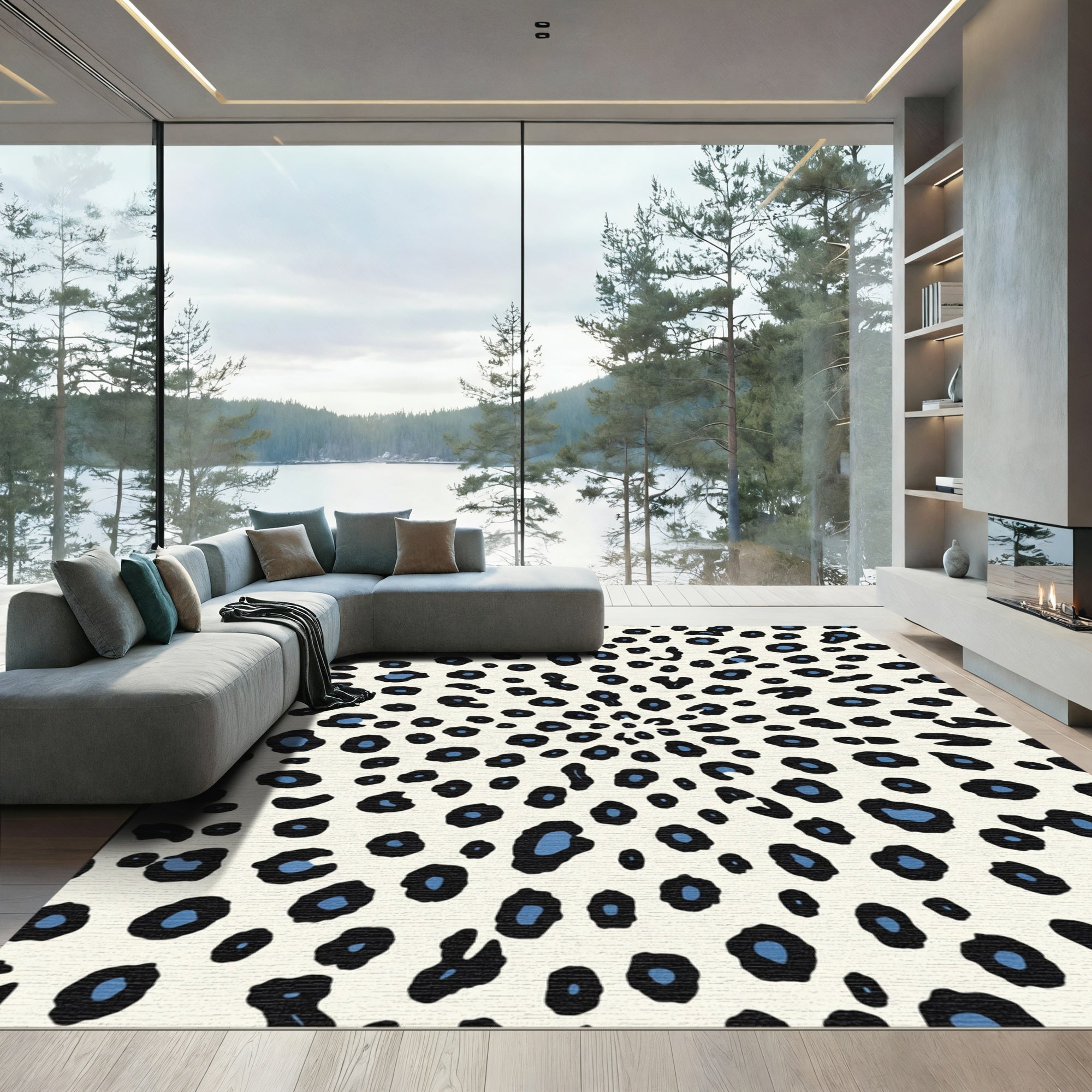 Cream Blue Black Spots Animal Rug
