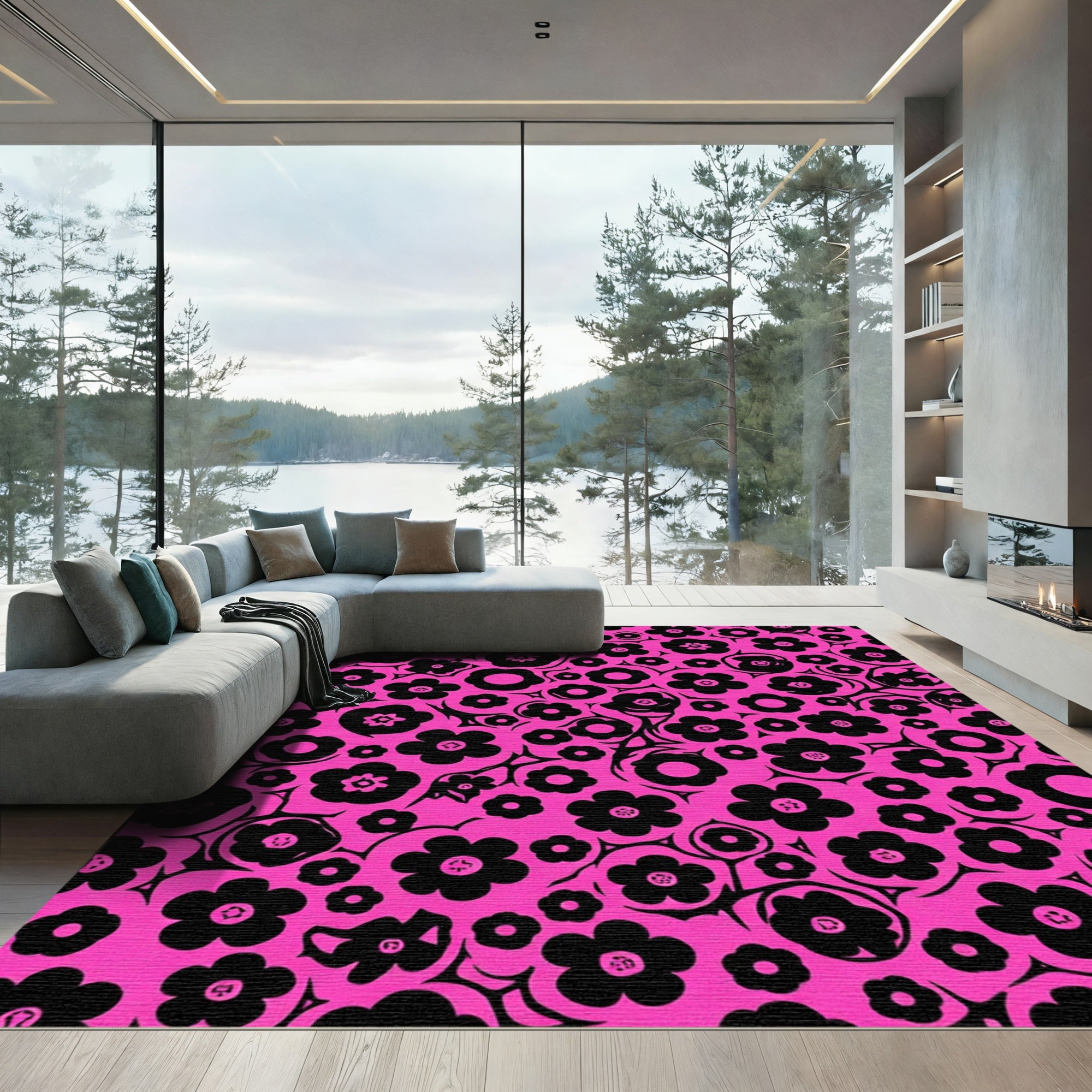 Bold Black Floral Field Rug