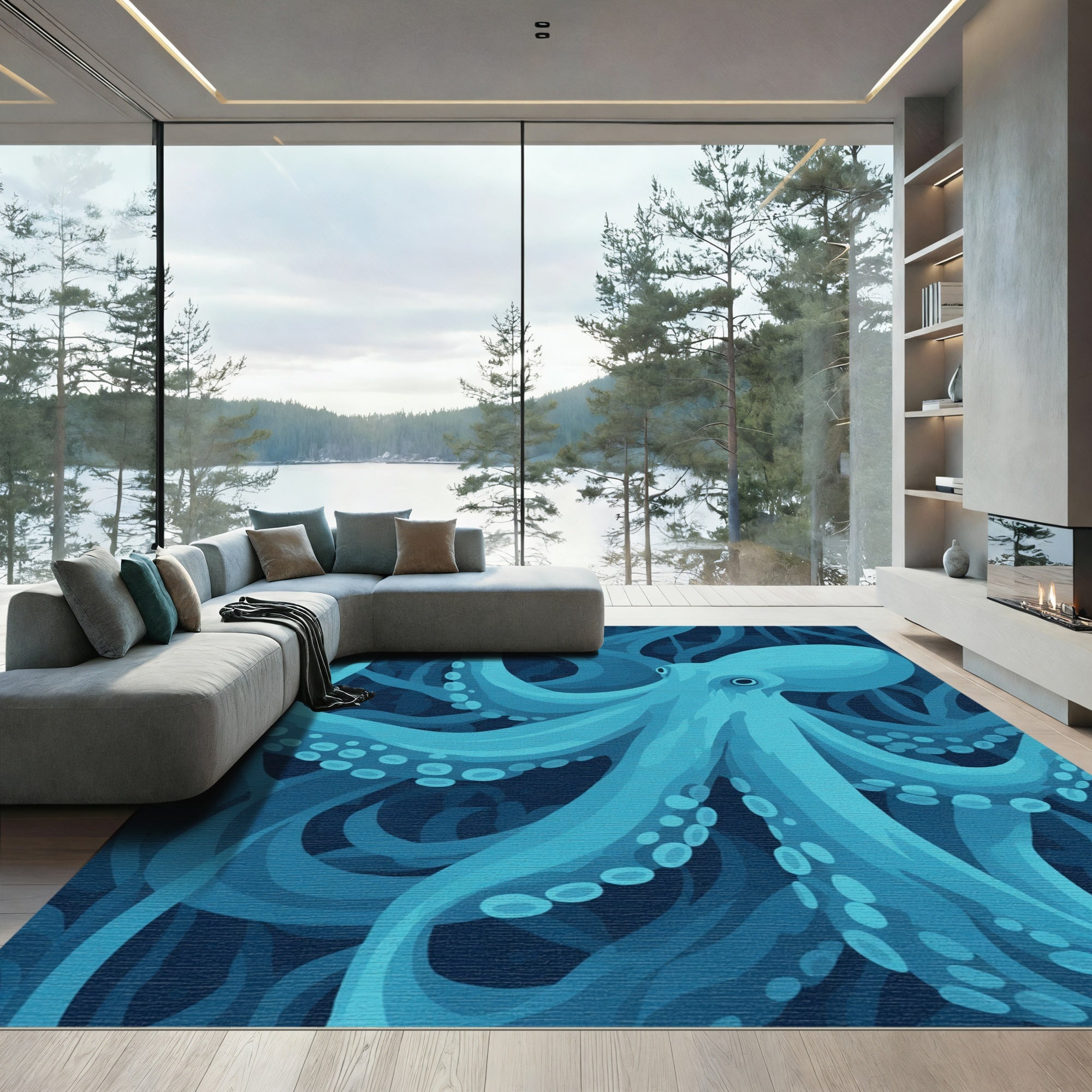 Aquatic Octopus Deep Blue Waves Rug