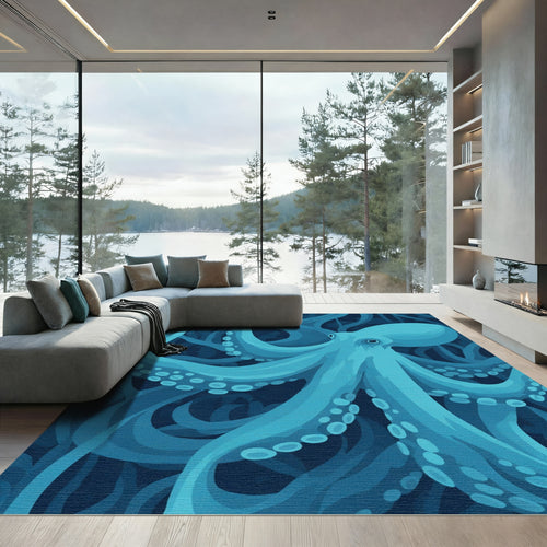 Aquatic Octopus Deep Blue Waves Rug