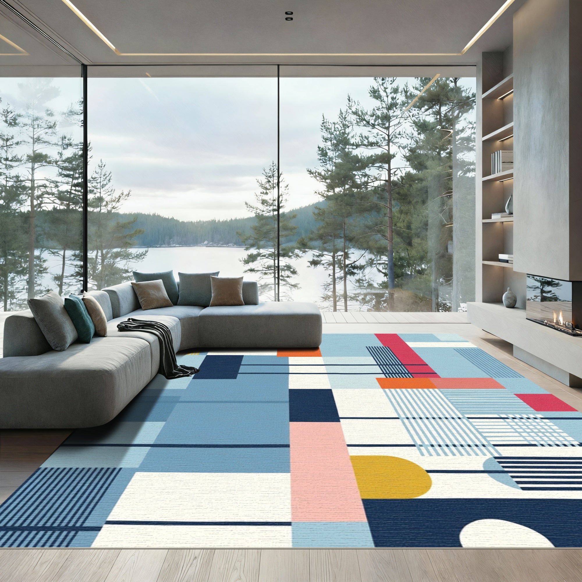 Abstract Geometric Blue Red Yellow Blocks Rug