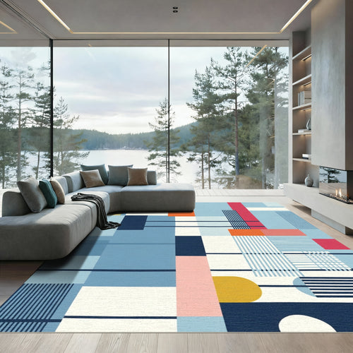 Abstract Geometric Blue Red Yellow Blocks Rug