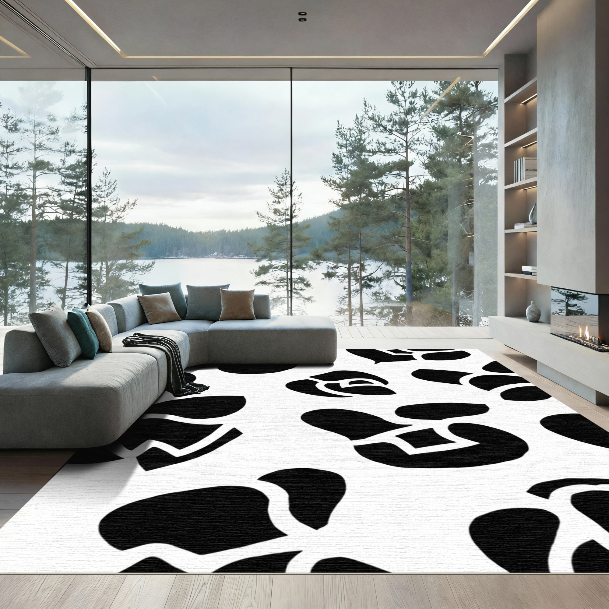 Chic Black White Abstract Organic Forms Rug