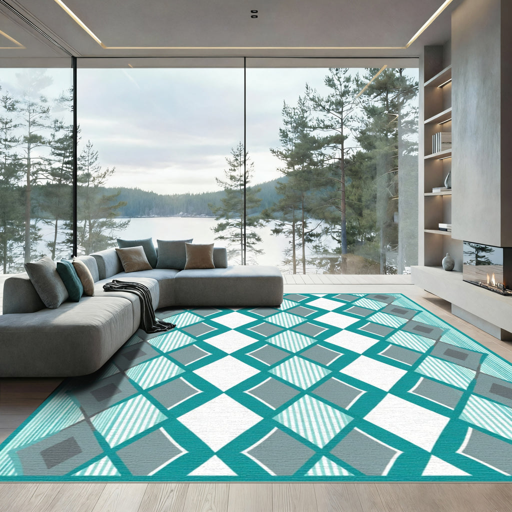 Teal Gray Diamond Stripe Geo Rug