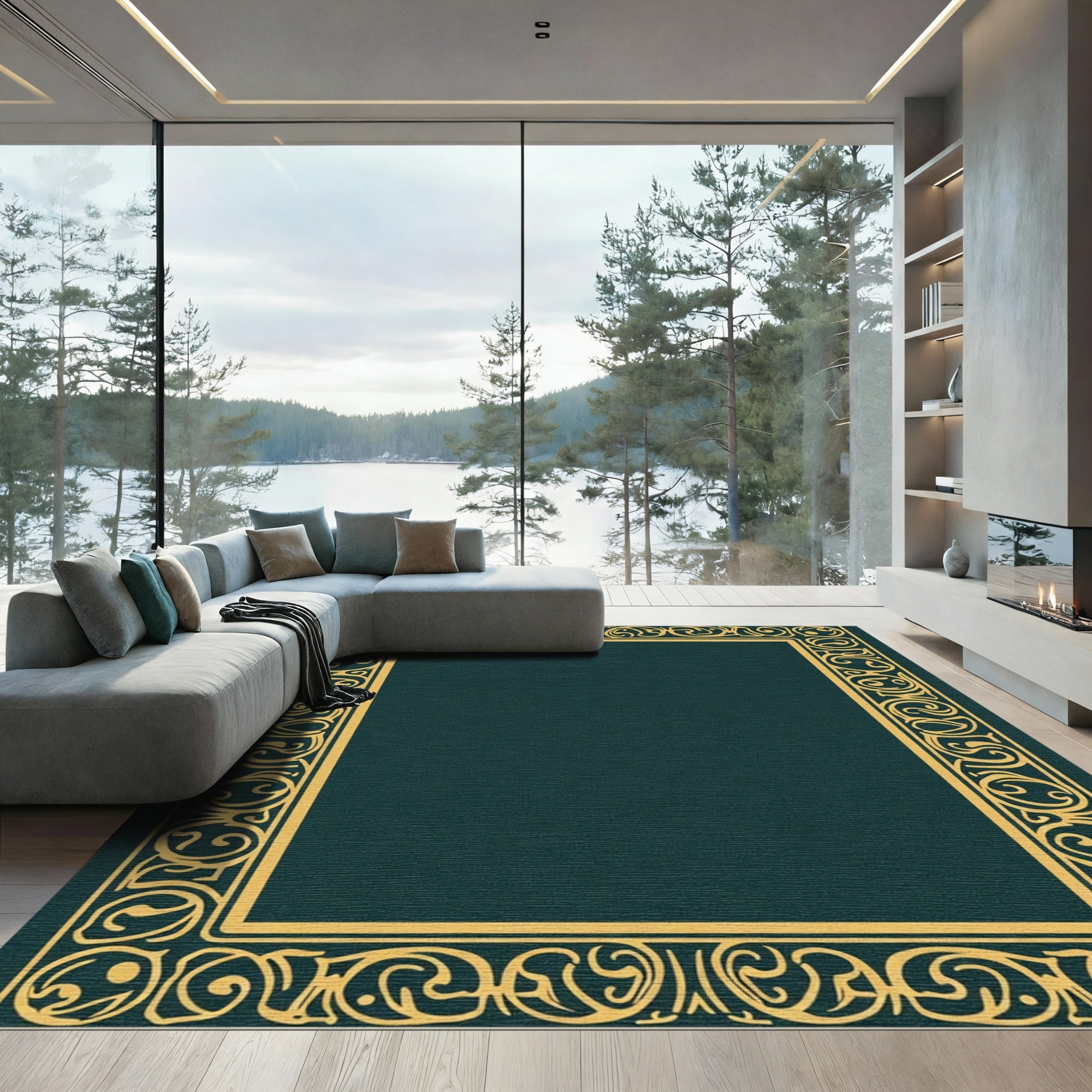 Elegant Gold Swirl Border Rug