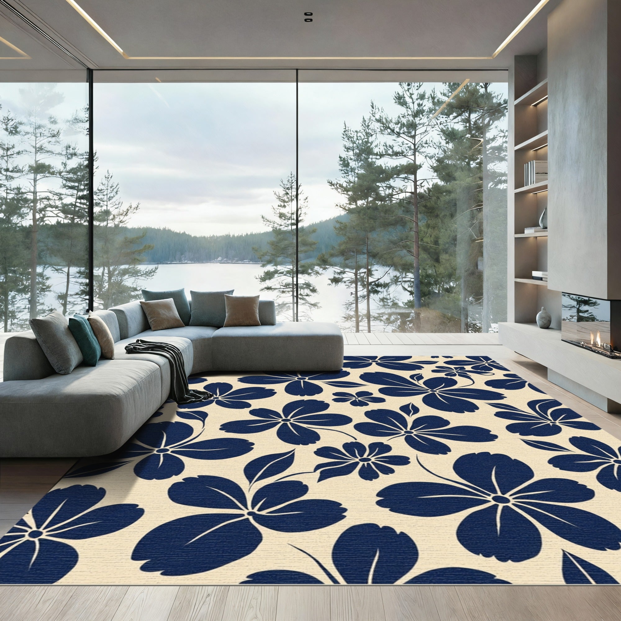 Navy Blue Floral Blossom Repeats Rug