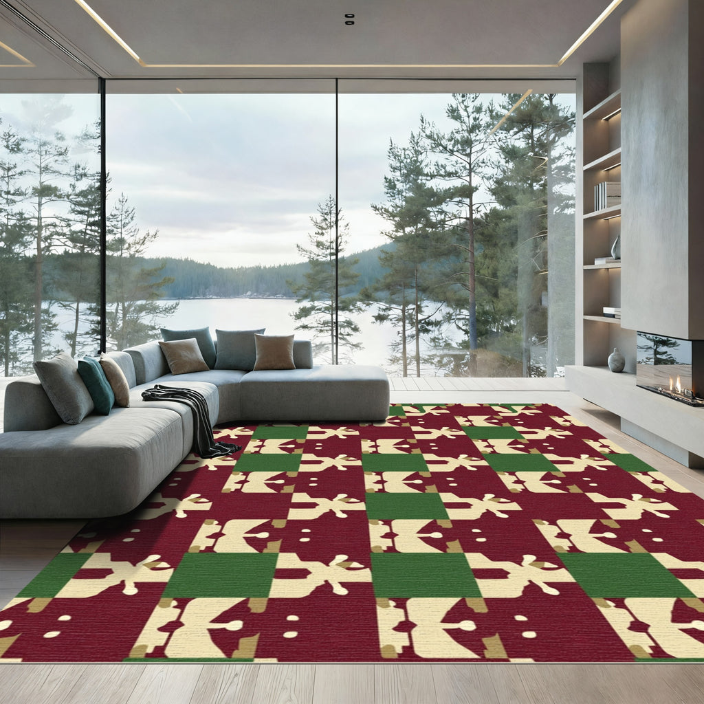 Deep Red Cream Green Abstract Mosaic Rug