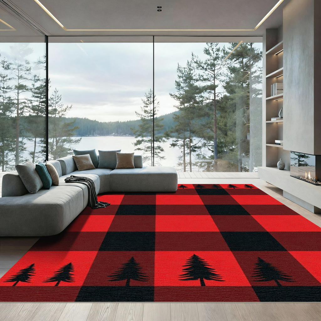 Red Black Buffalo Plaid Pine Trees Rug
