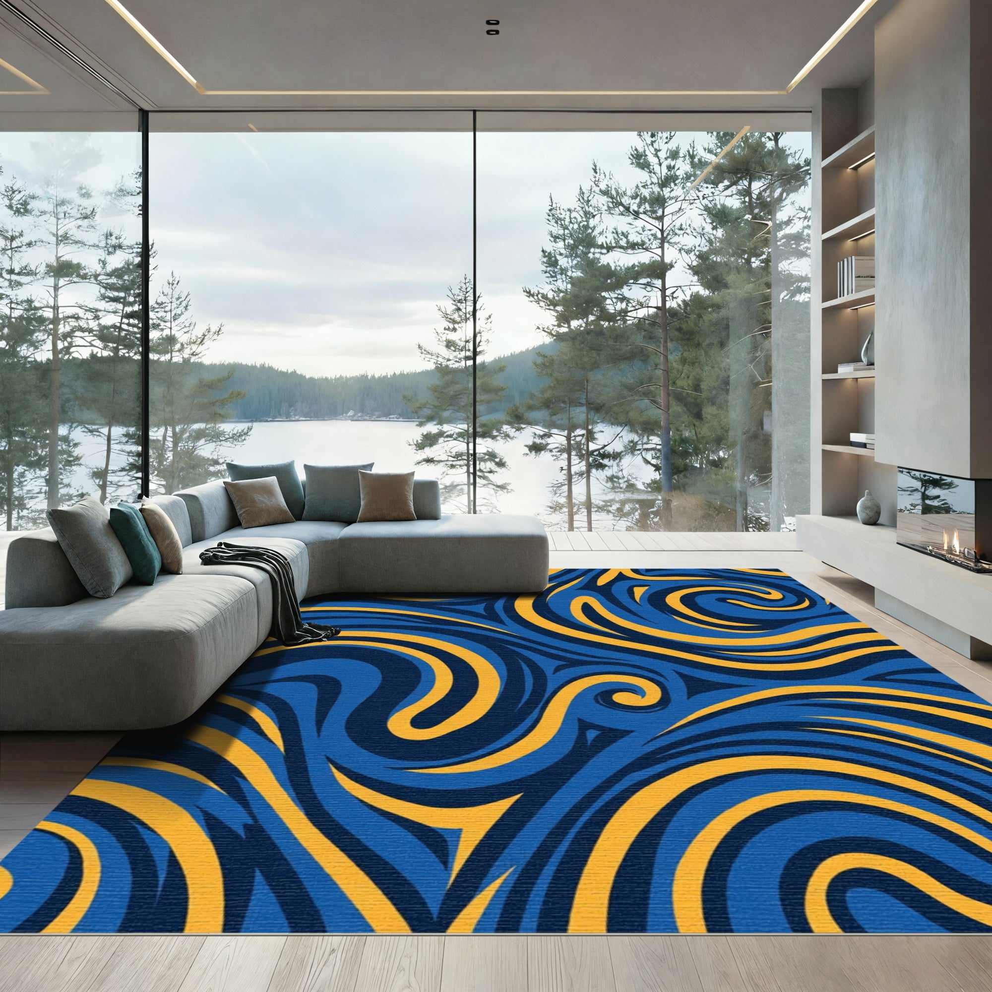 Navy Gold Swirl Abstract Rug