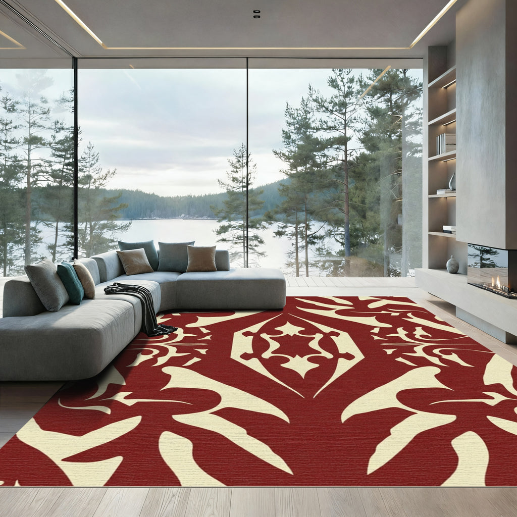 Crimson Cream Symmetric Damask Rug