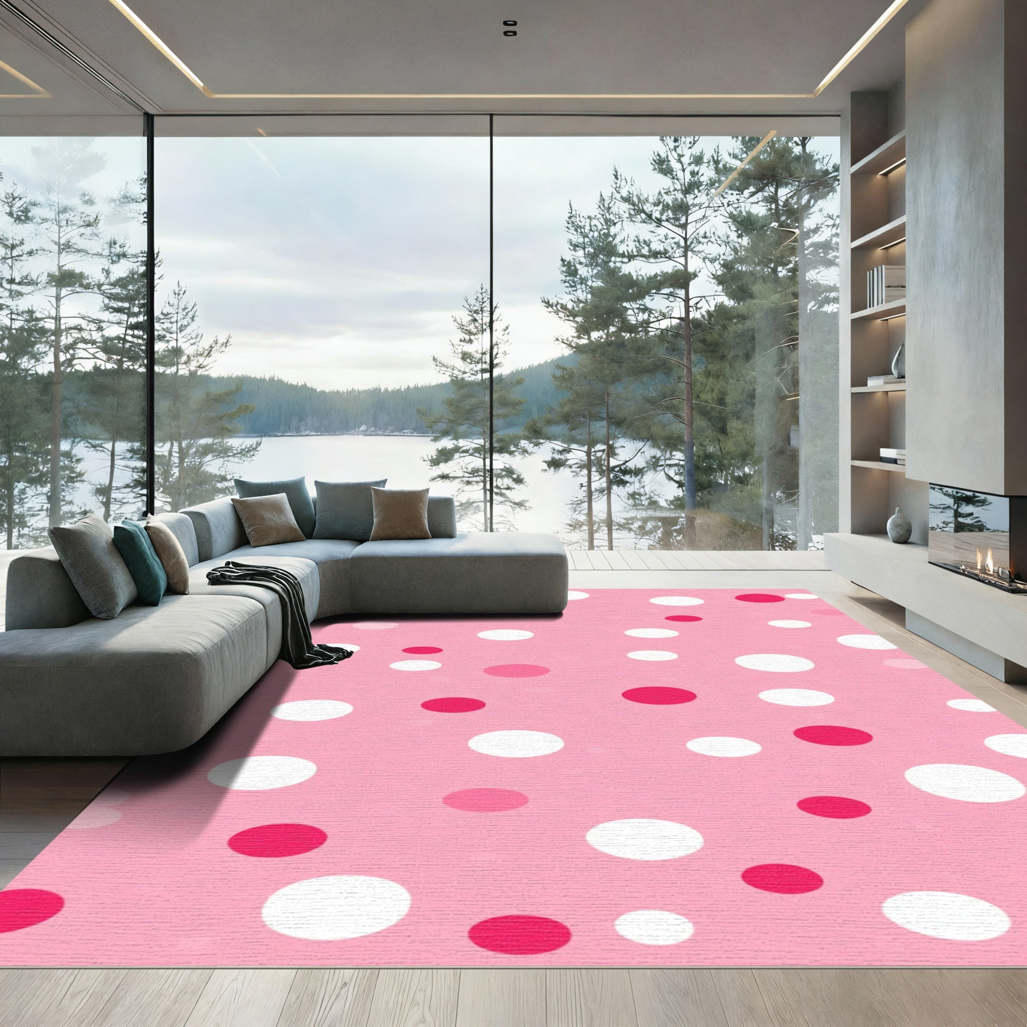 Pink White Crimson Polka Dot Rug