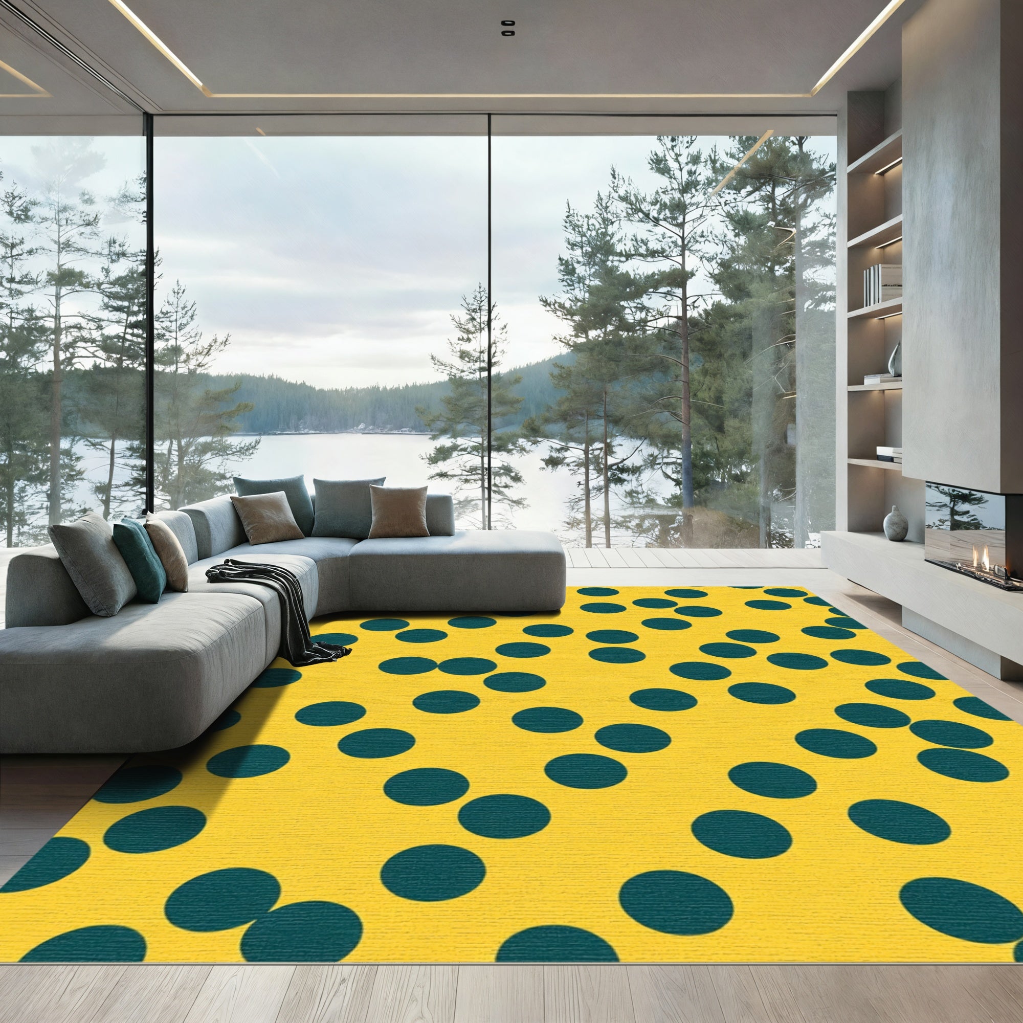 Golden Yellow Teal Polka Dot Scatter Rug