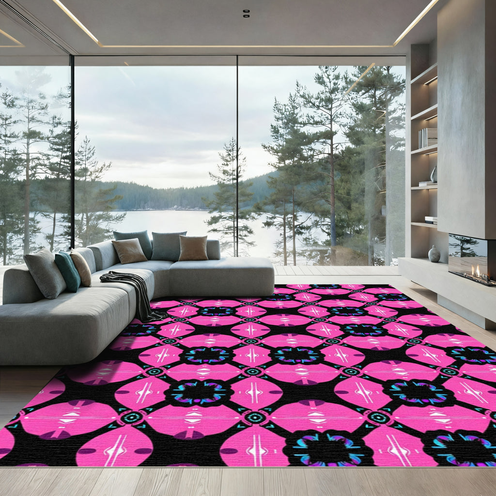 Hot Pink Black Geometric Medallion Rug