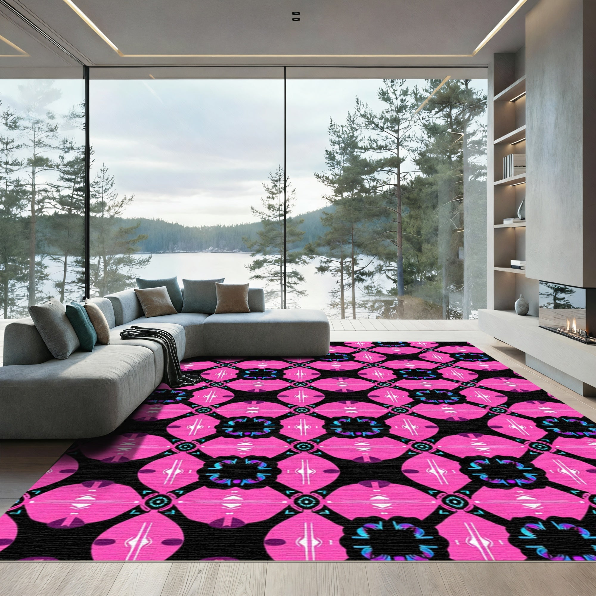 Hot Pink Black Geometric Medallion Rug
