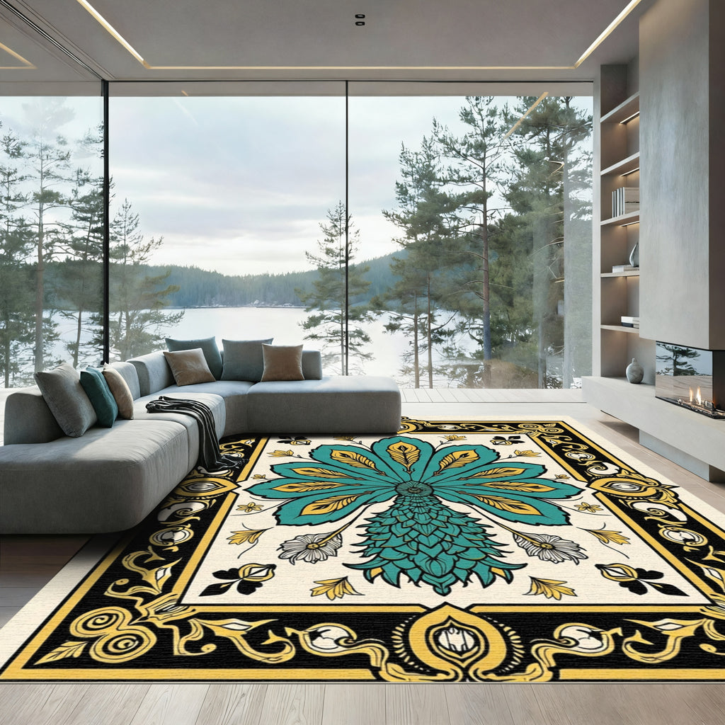 Teal Gold Elaborate Peacock Medallion Rug