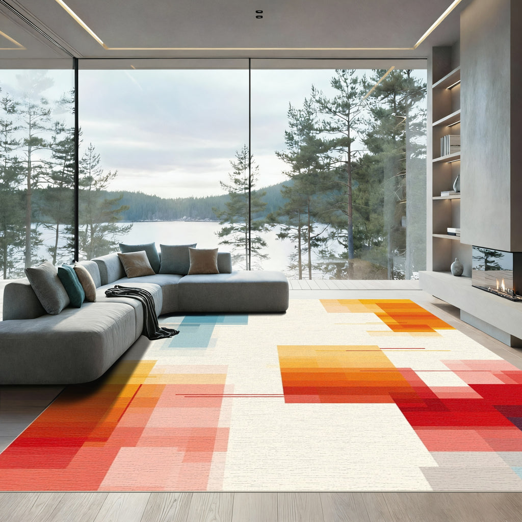 Geometric Blocks Of Blue Orange Red Rug