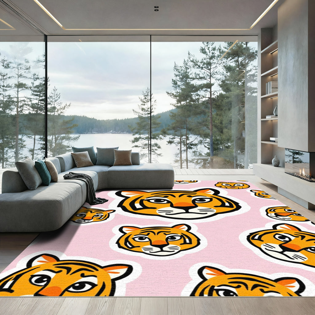 Whimsical Orange Tiger Face Collage Rug