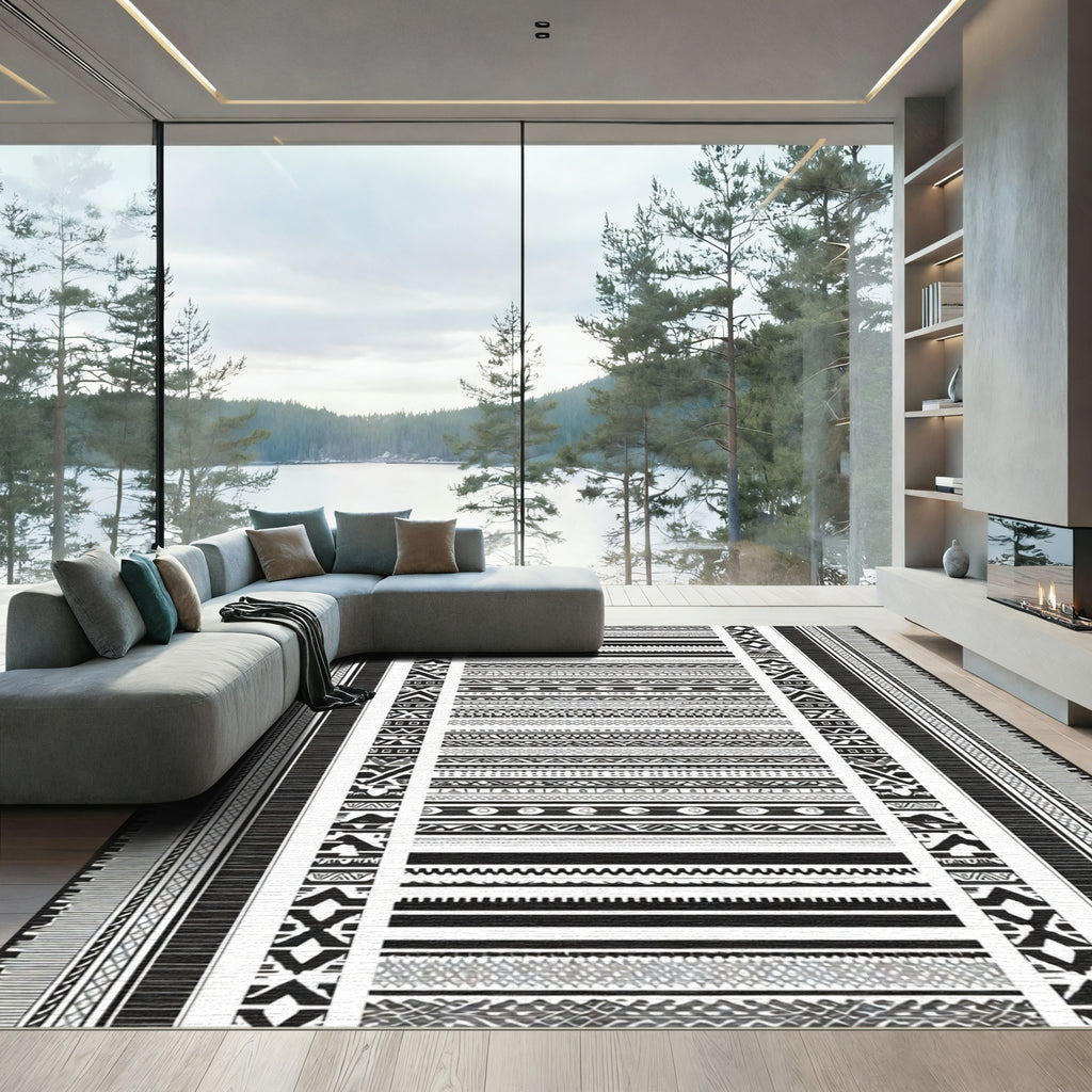 Monochromatic Geometric Tribal Stripes Rug