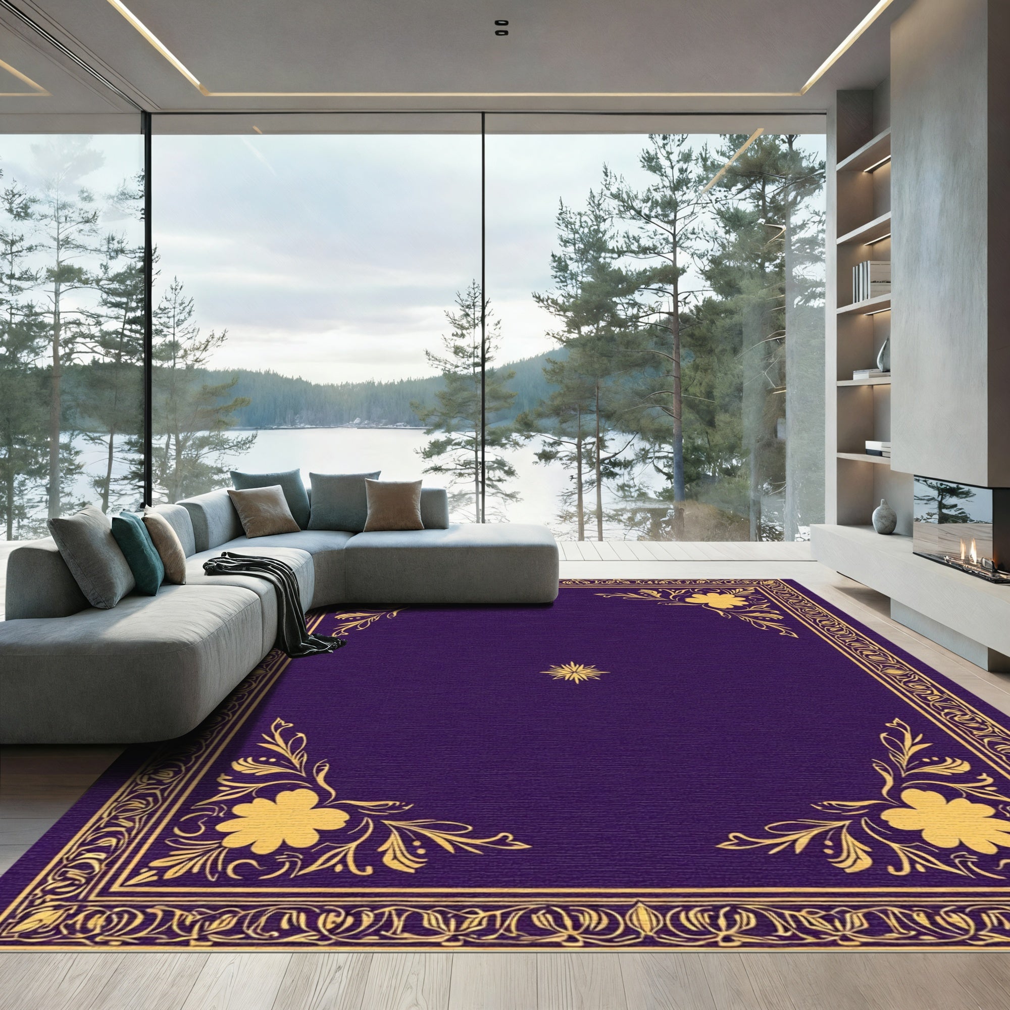 Royal Purple Golden Floral Square Rug