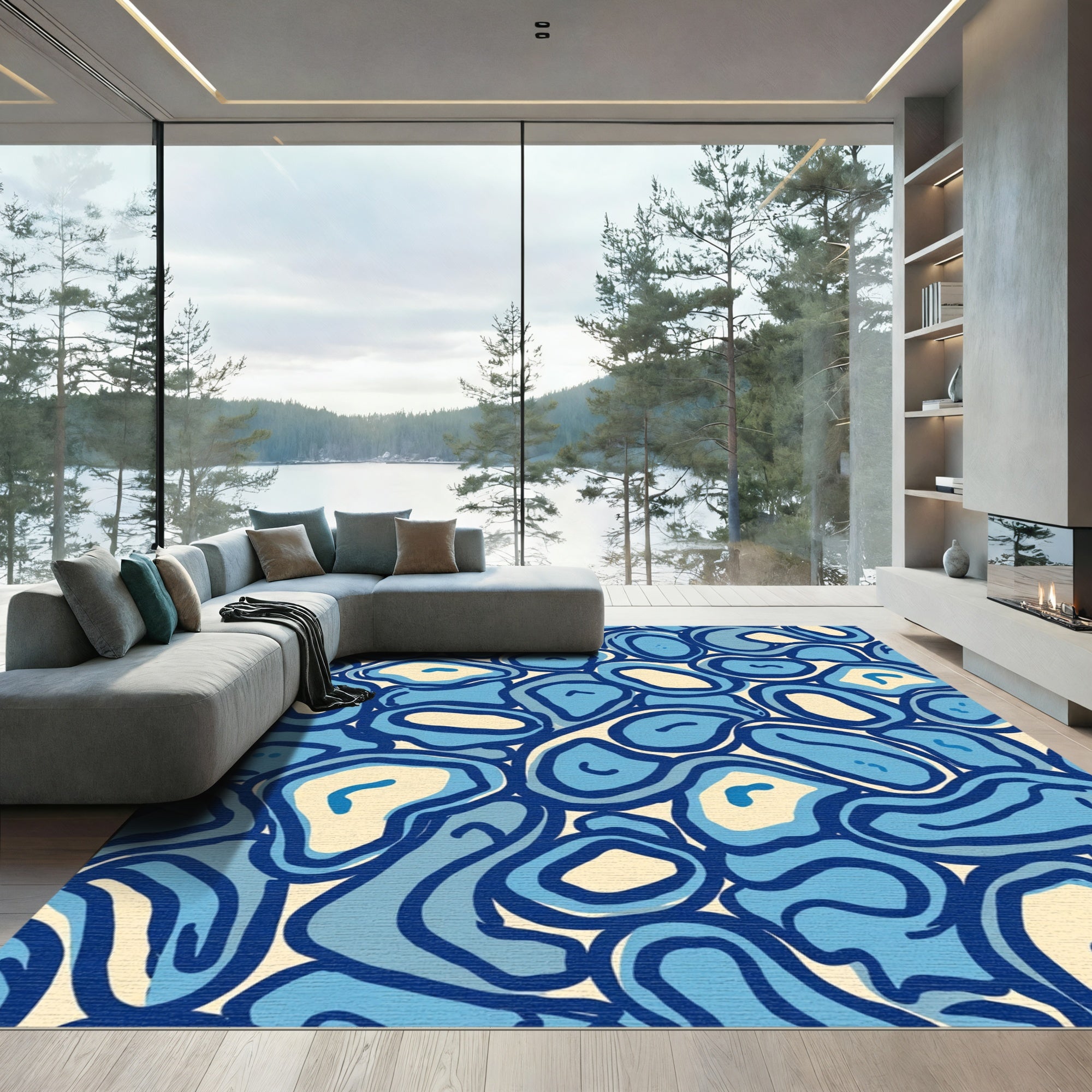 Blue organic blob composition Rug