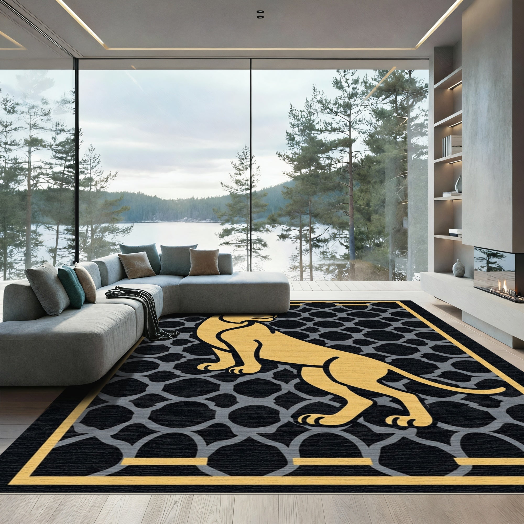 Golden Lion Geometric Lattice Art Rug