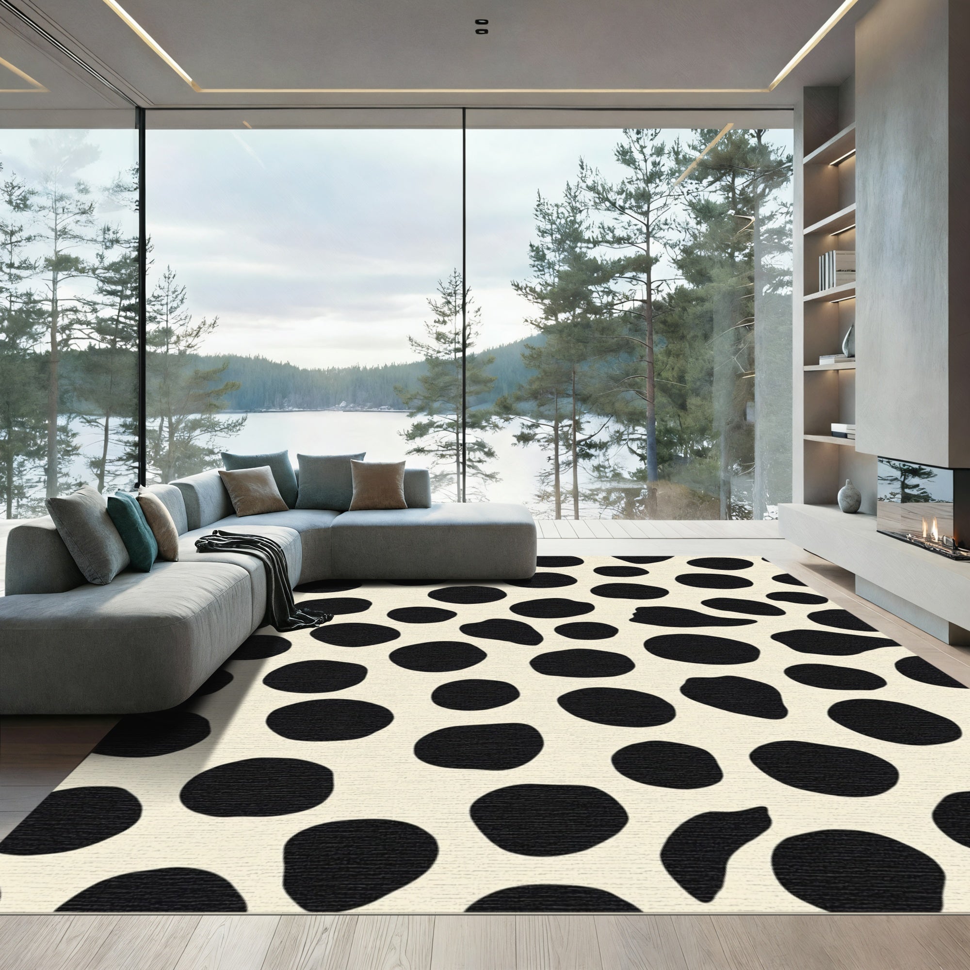 Cream Black Abstract Spots Rug