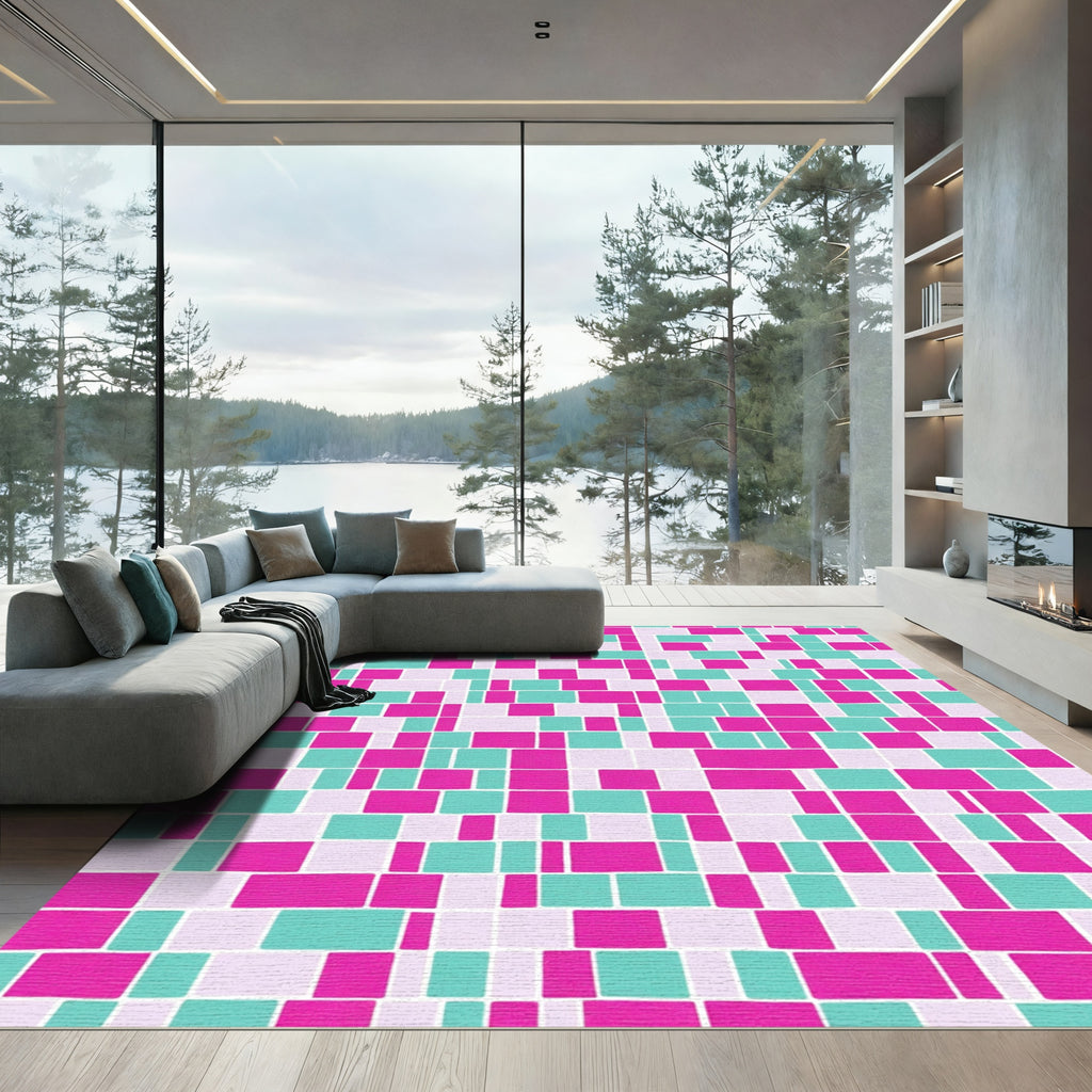 Pink Mint White Geometric Blocks Rug