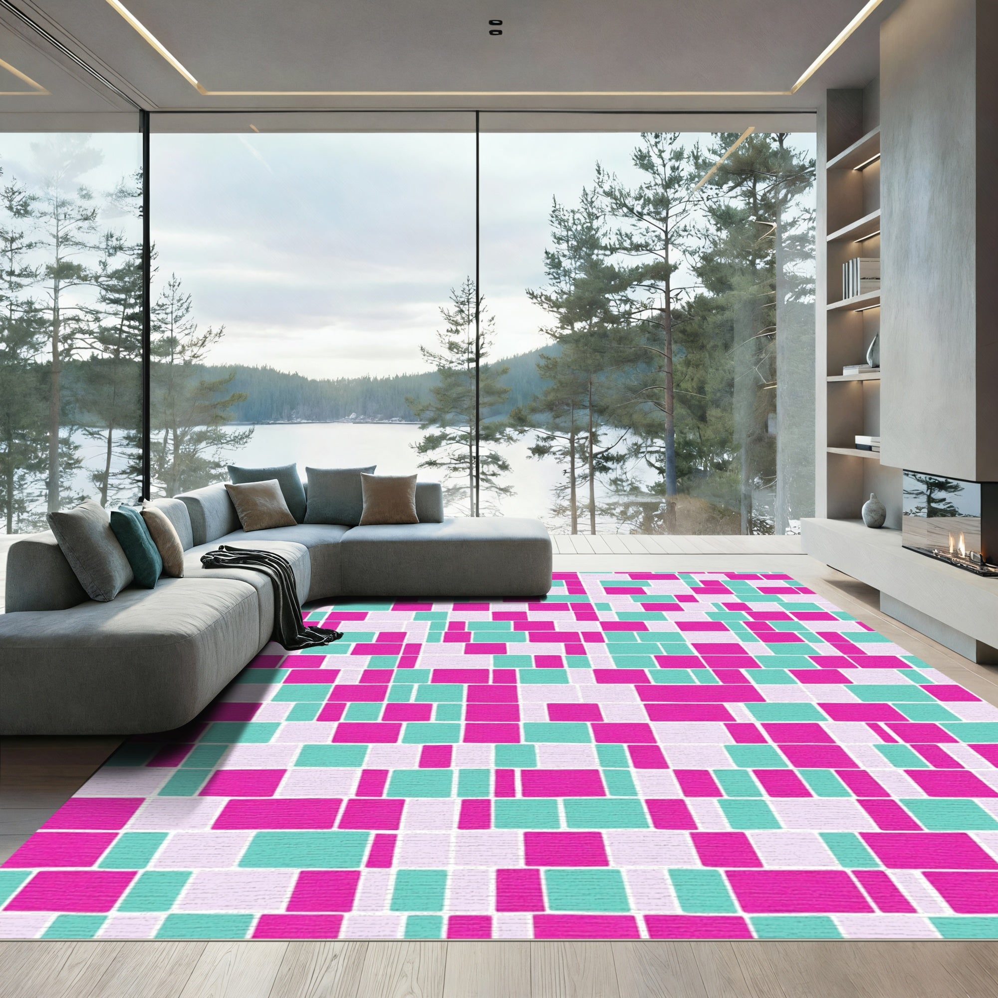 Pink Mint White Geometric Blocks Rug