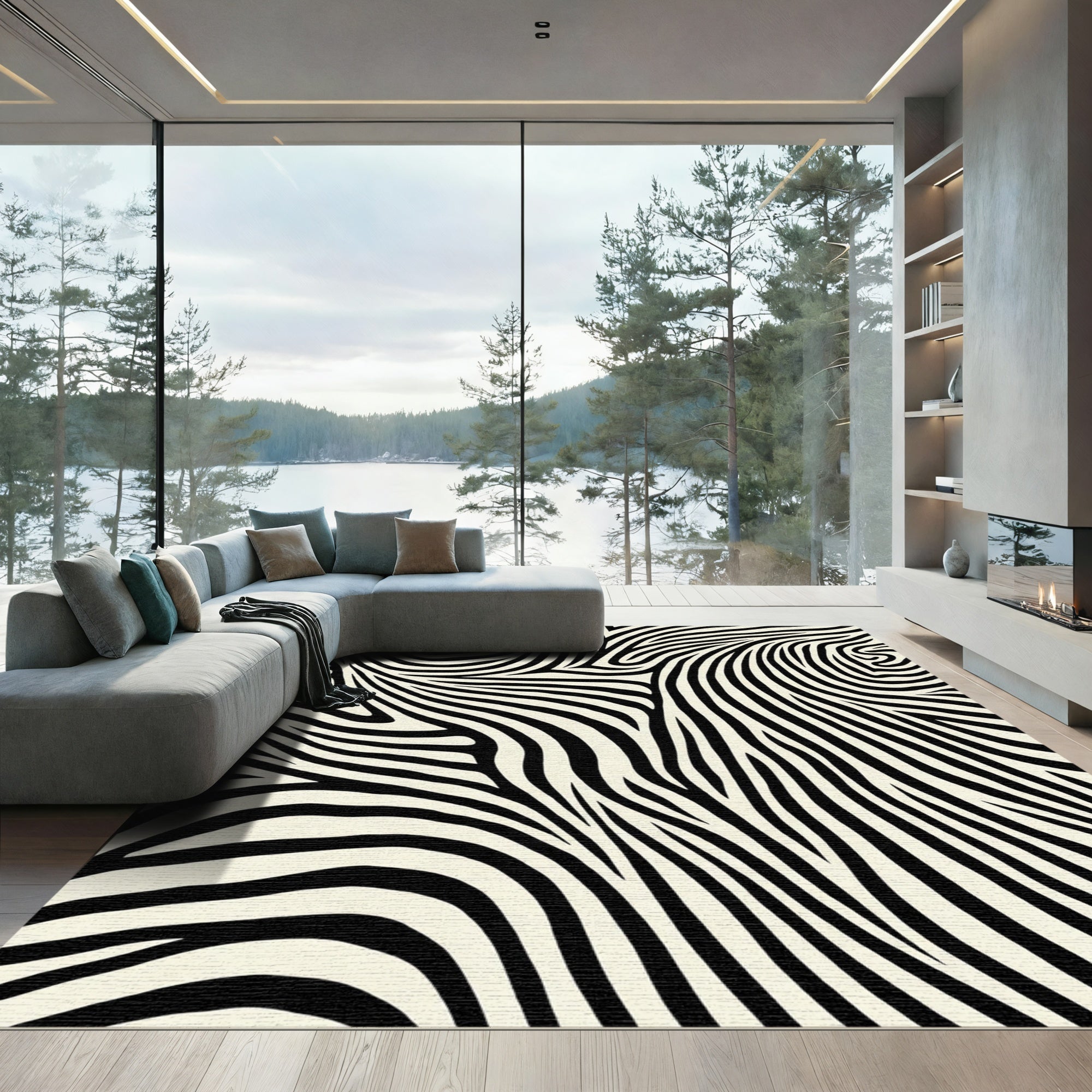 Organic Swirls Black Cream Abstract Rug