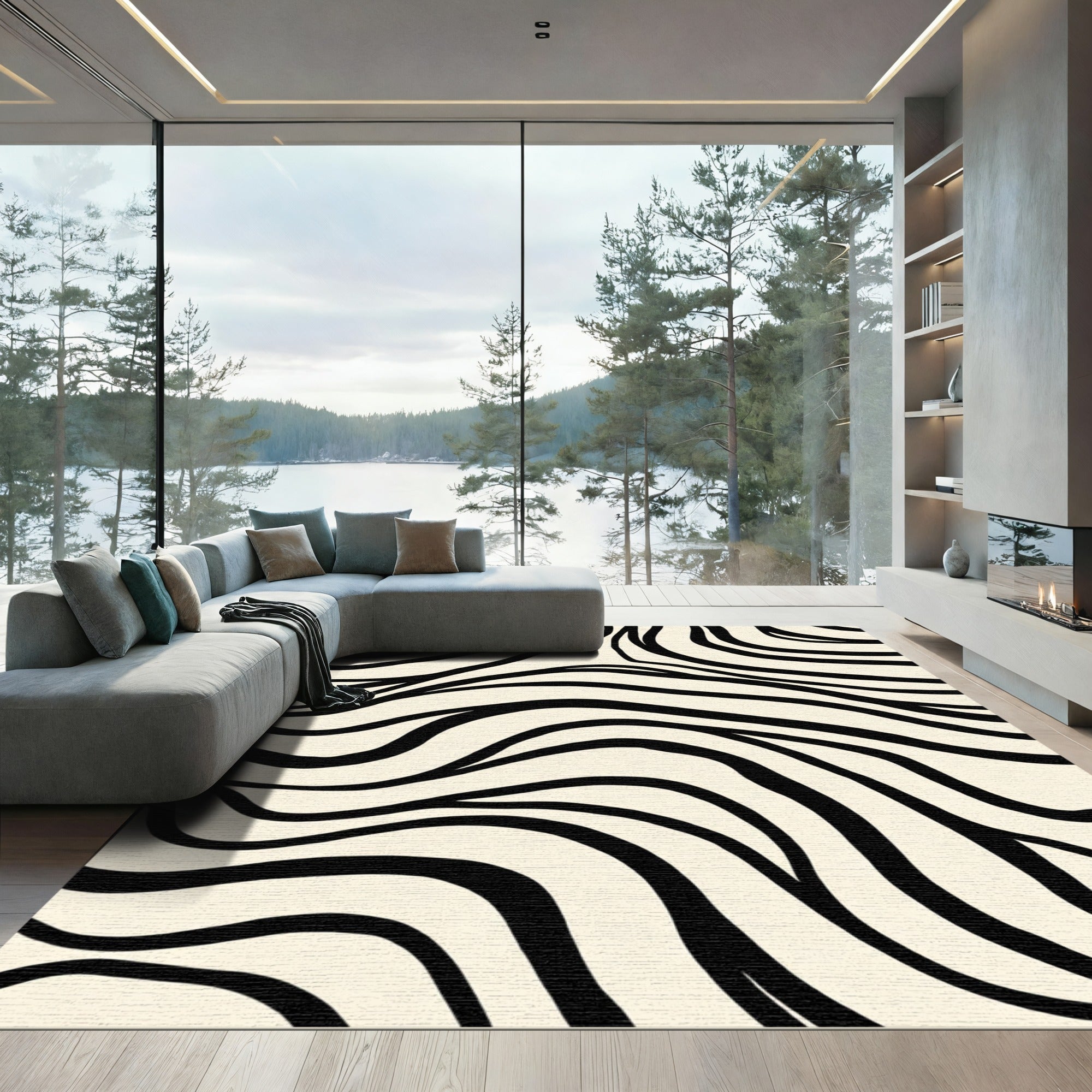 Cream and Black Abstract Zebra Stripes Rug