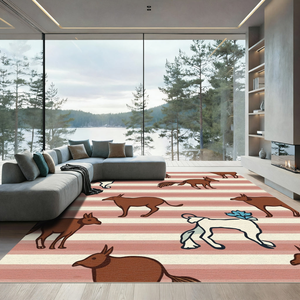 Brown White Animals Blue Floral Stripes Rug