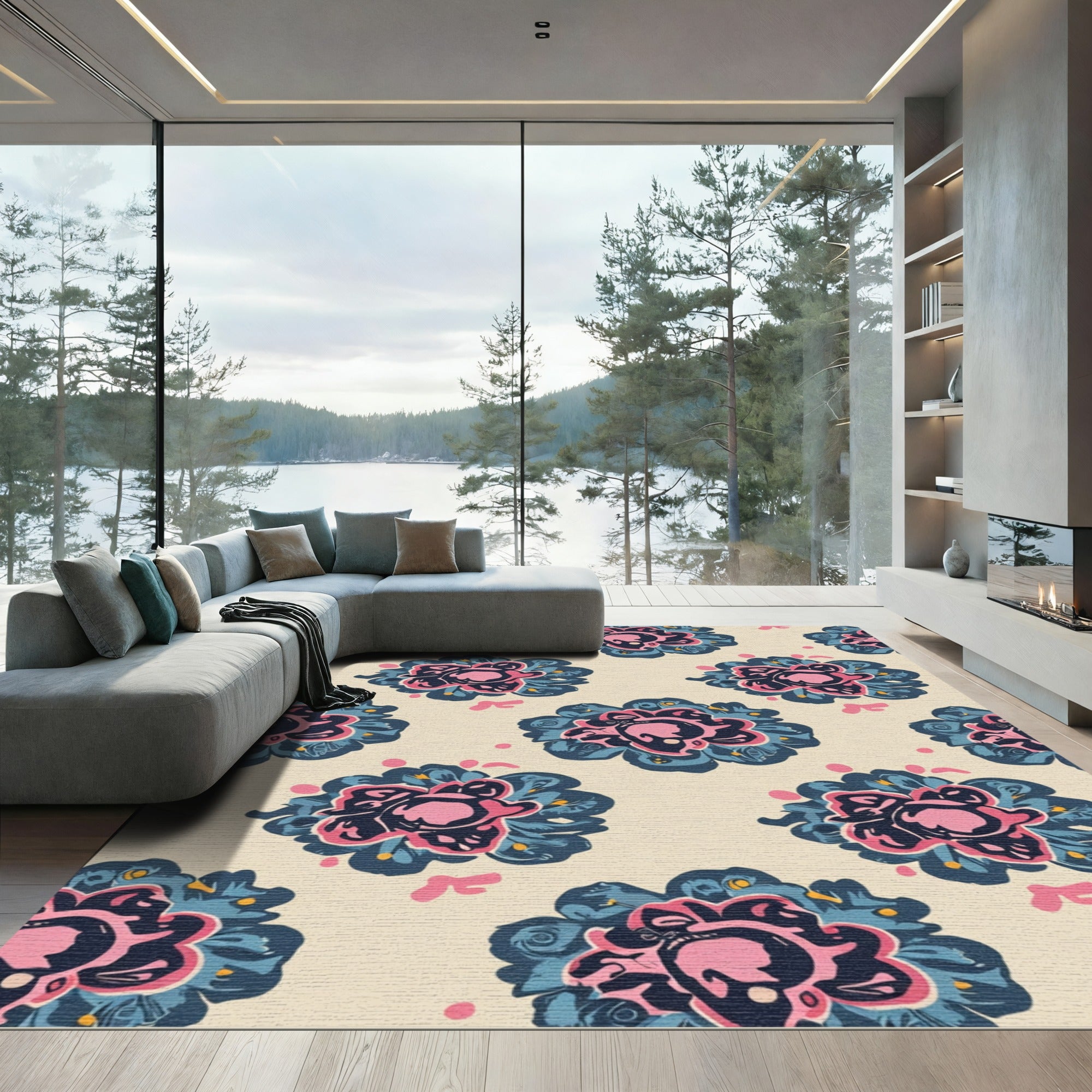 Pink Blue Floral Medallion Repeating Pattern Rug