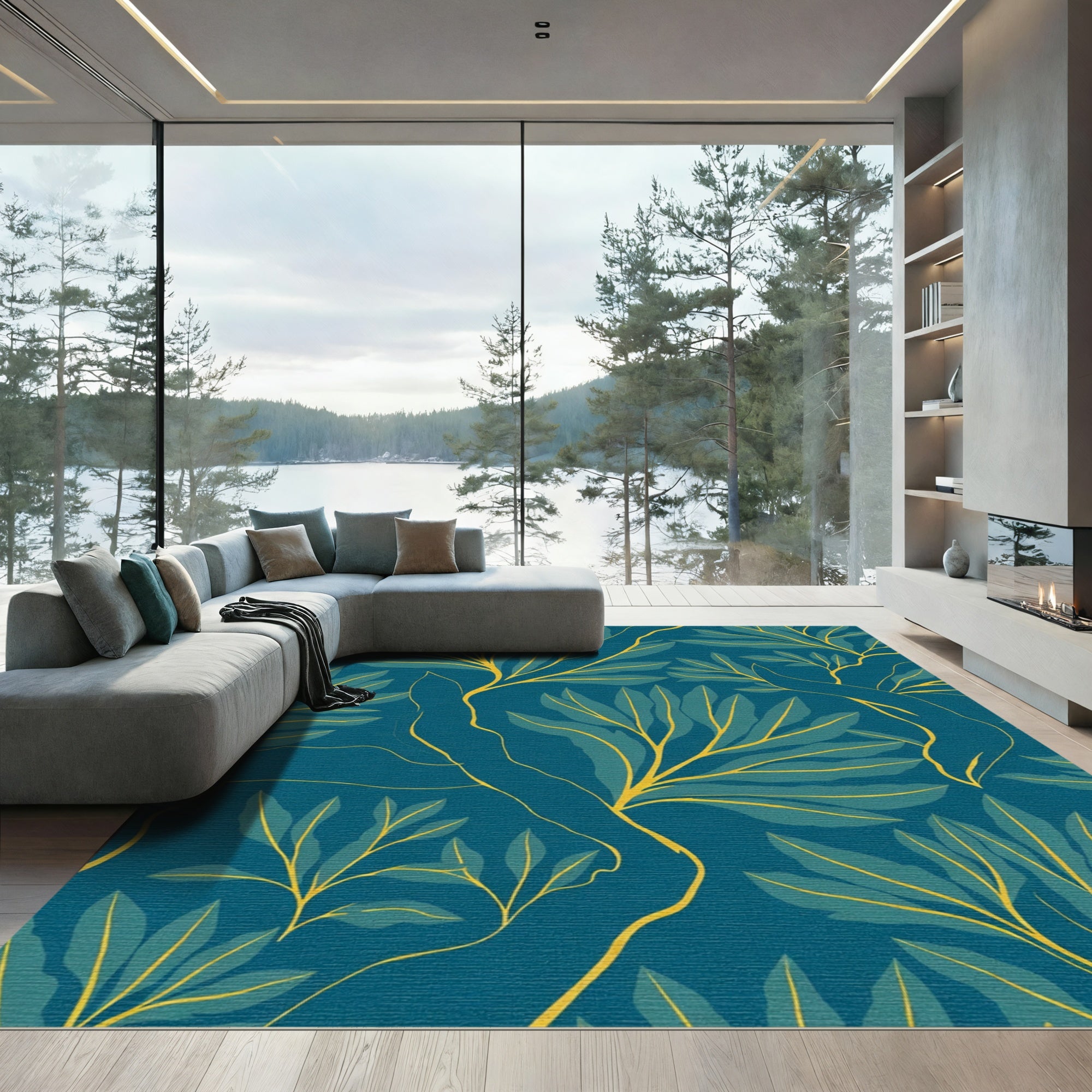 Deep Teal Golden Leaf Branch Rug