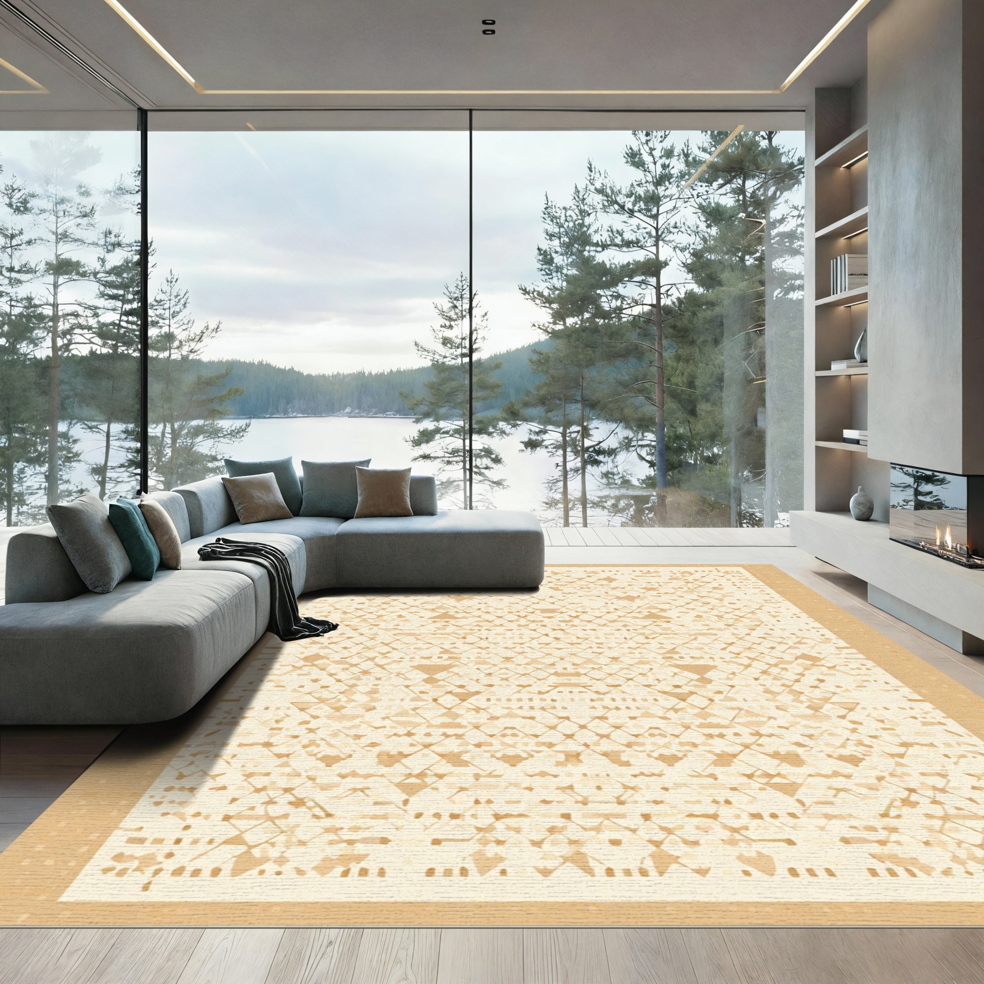 Pale Gold Geometric Diamond Weave Rug