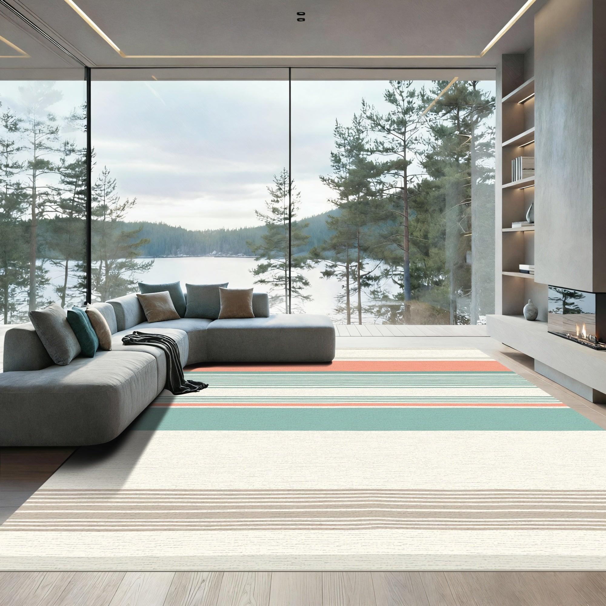 Coral Teal Cream Horizontal Stripe Rug