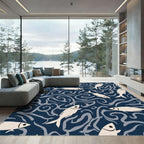 Cream Fish On Dark Blue Waves Rug