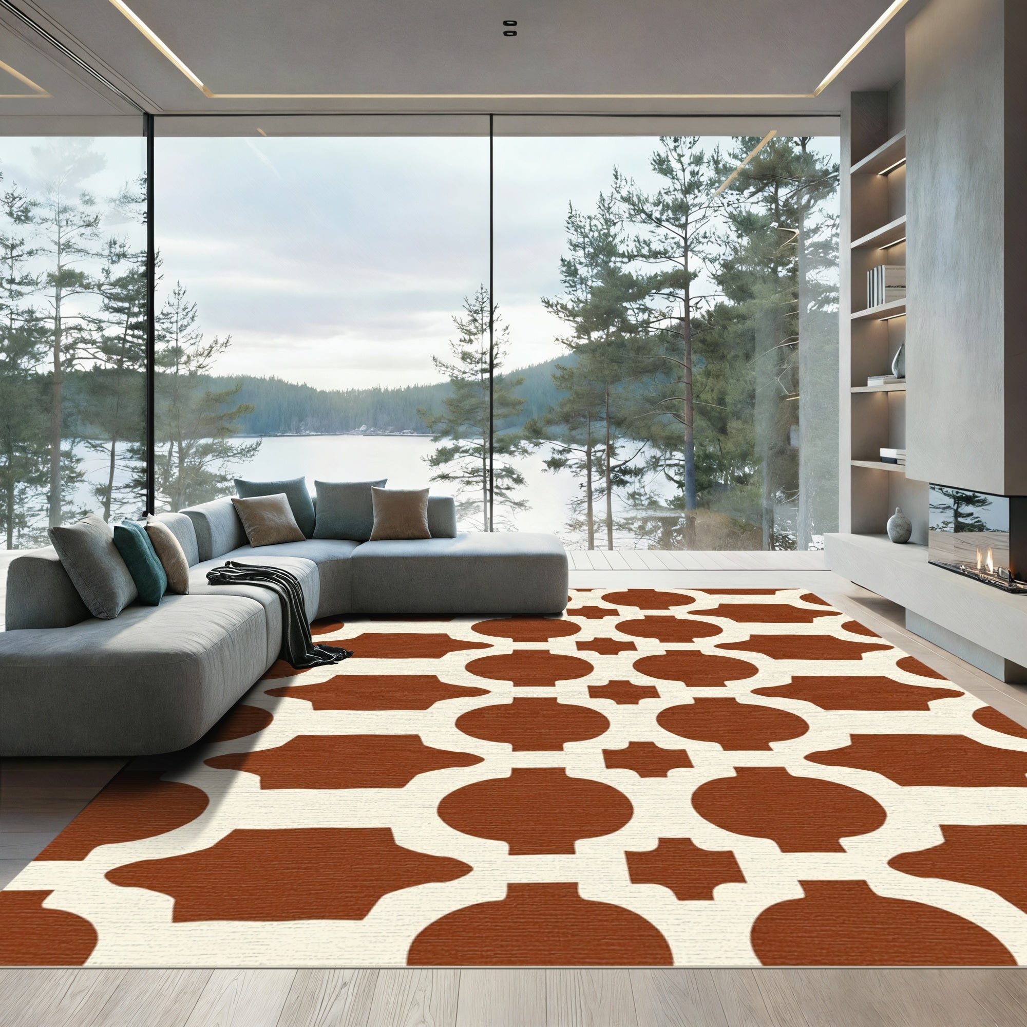 Brown Cream Geometric Lattice Rug