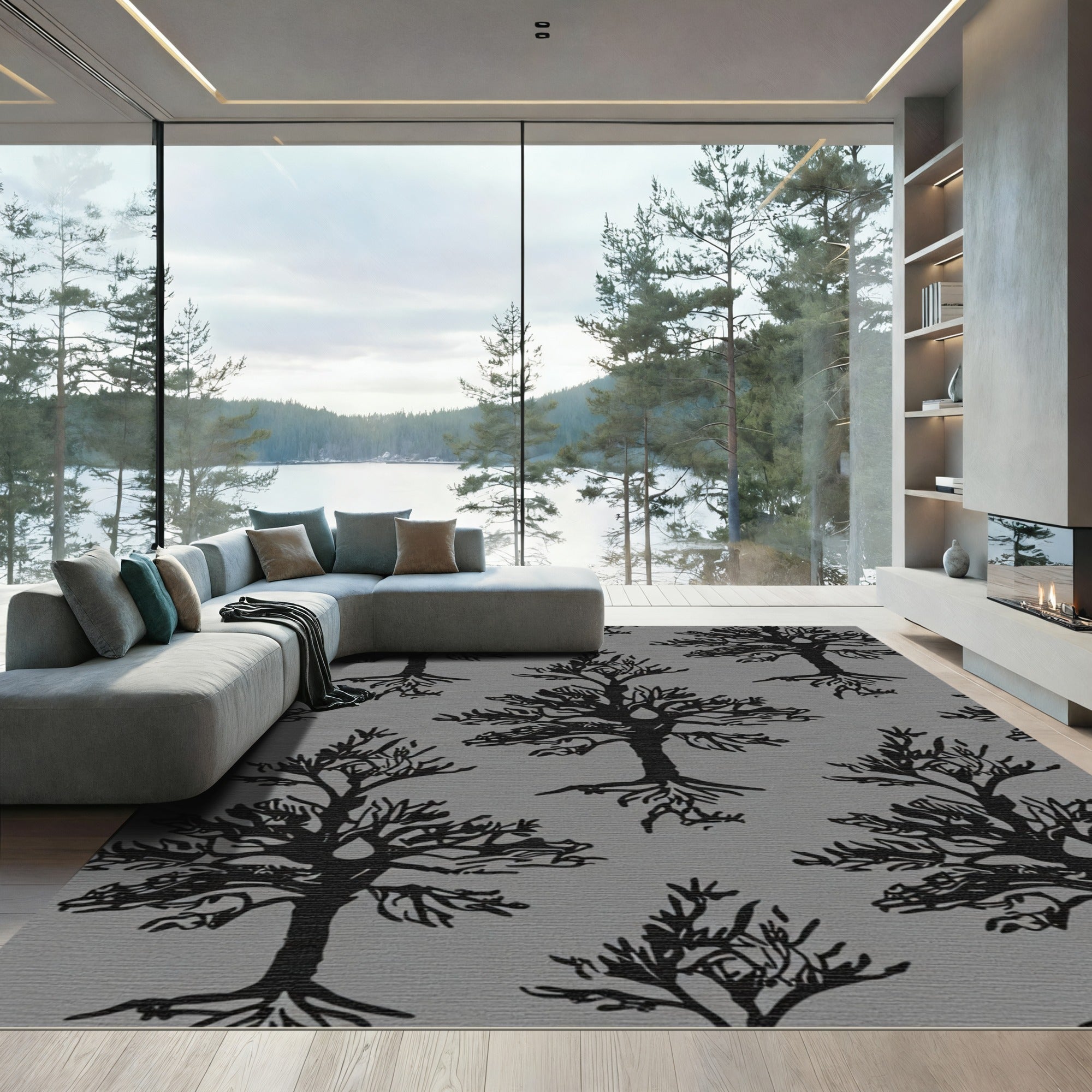 Black bare trees with roots motif Rug