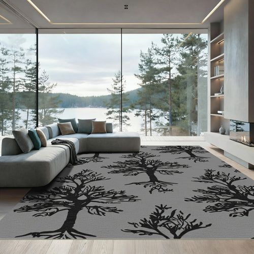 Black bare trees with roots motif Rug
