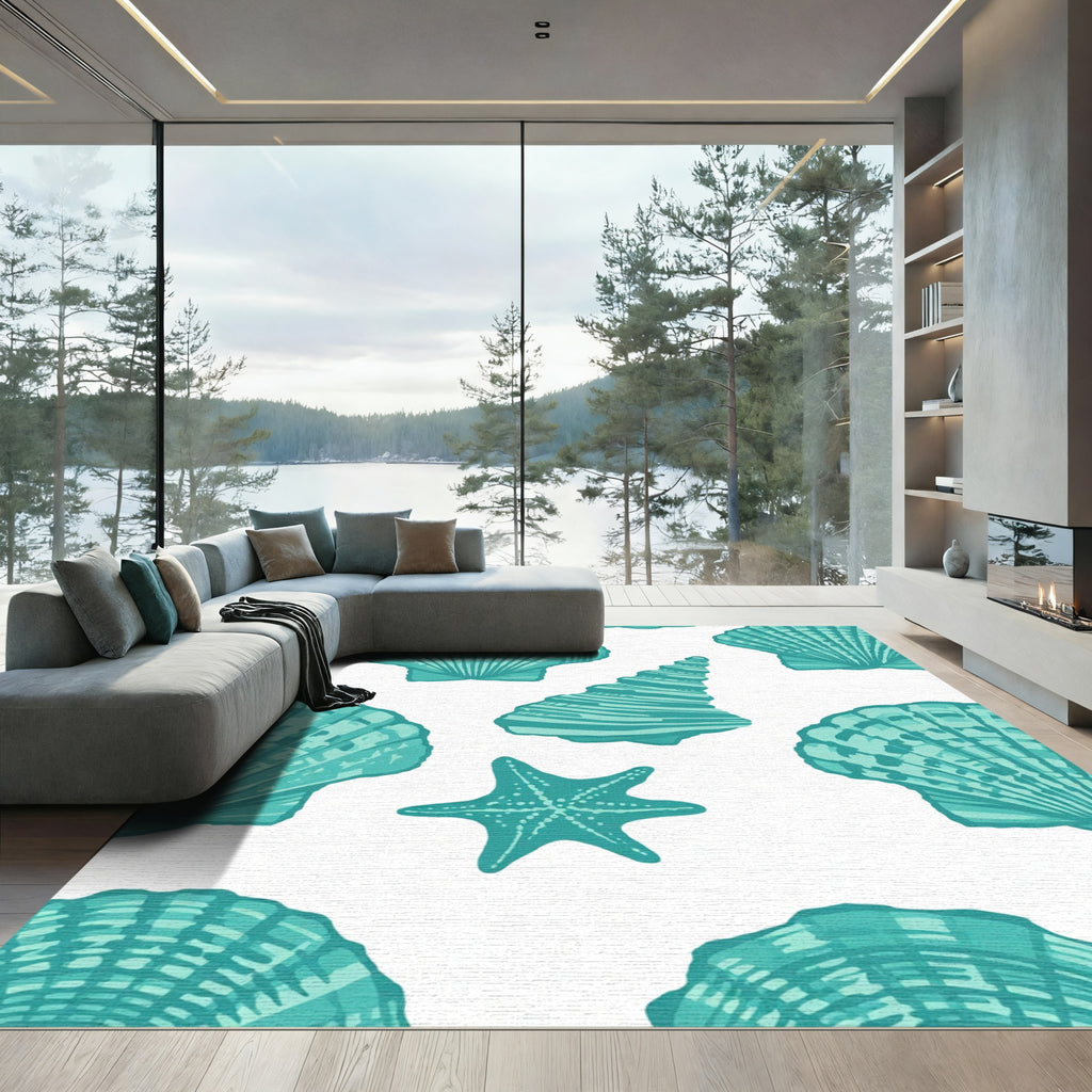 Teal Scallop Shell Starfish Collection Rug