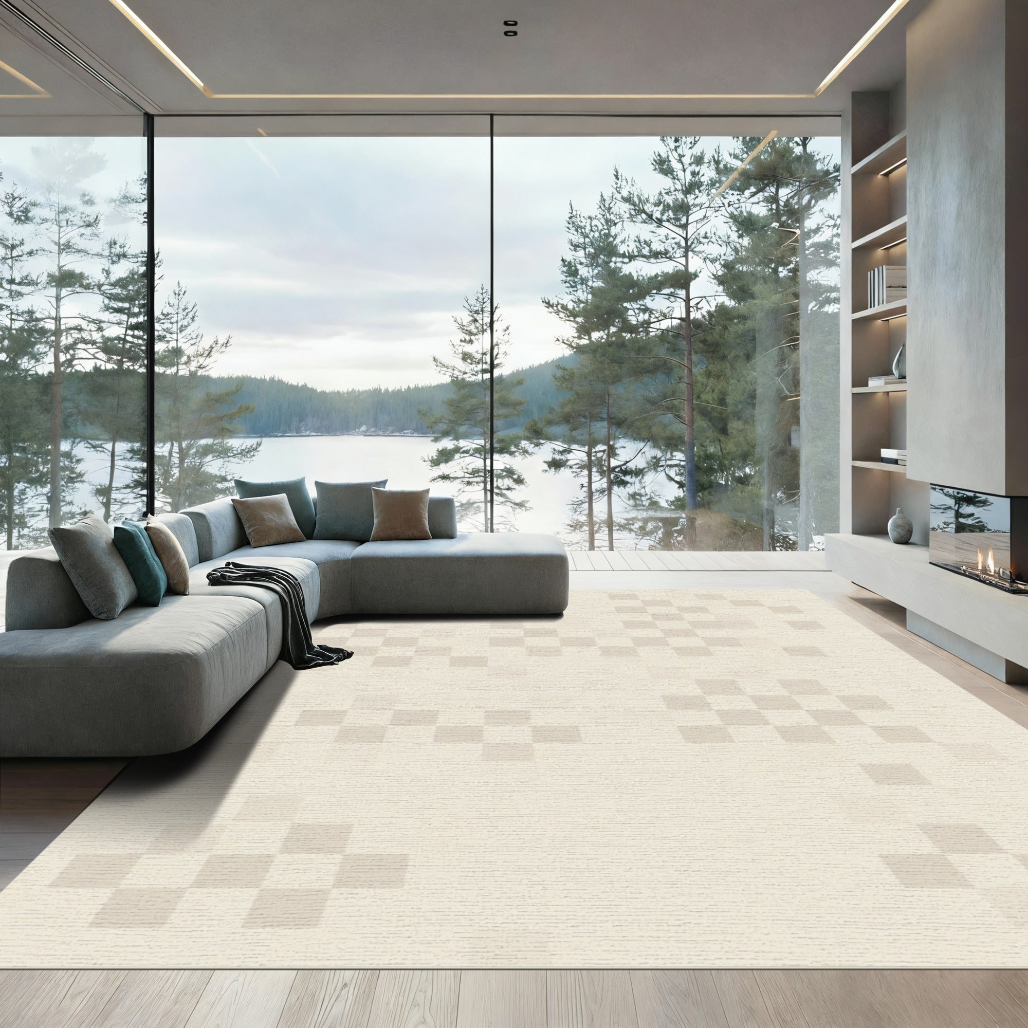 Soft Beige Pixelated Geometric Field Rug