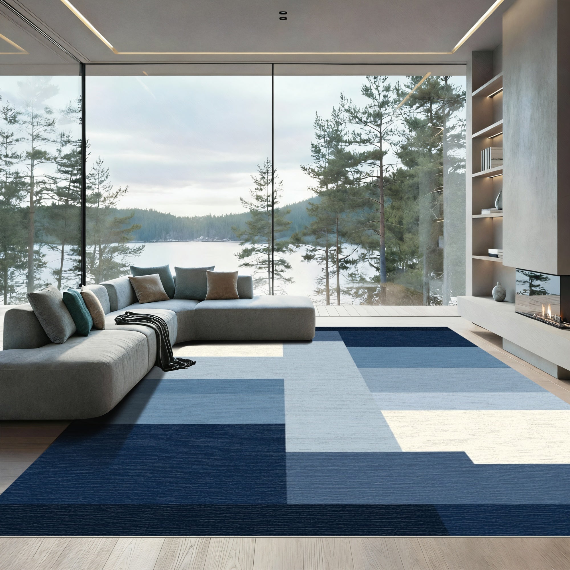 Indigo Slate Tonal Gradient Blocks Rug
