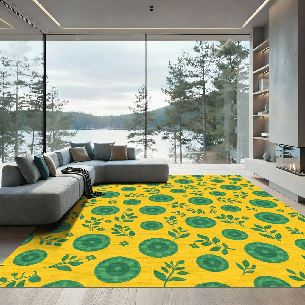 Golden Yellow Green Floral Garden Rug