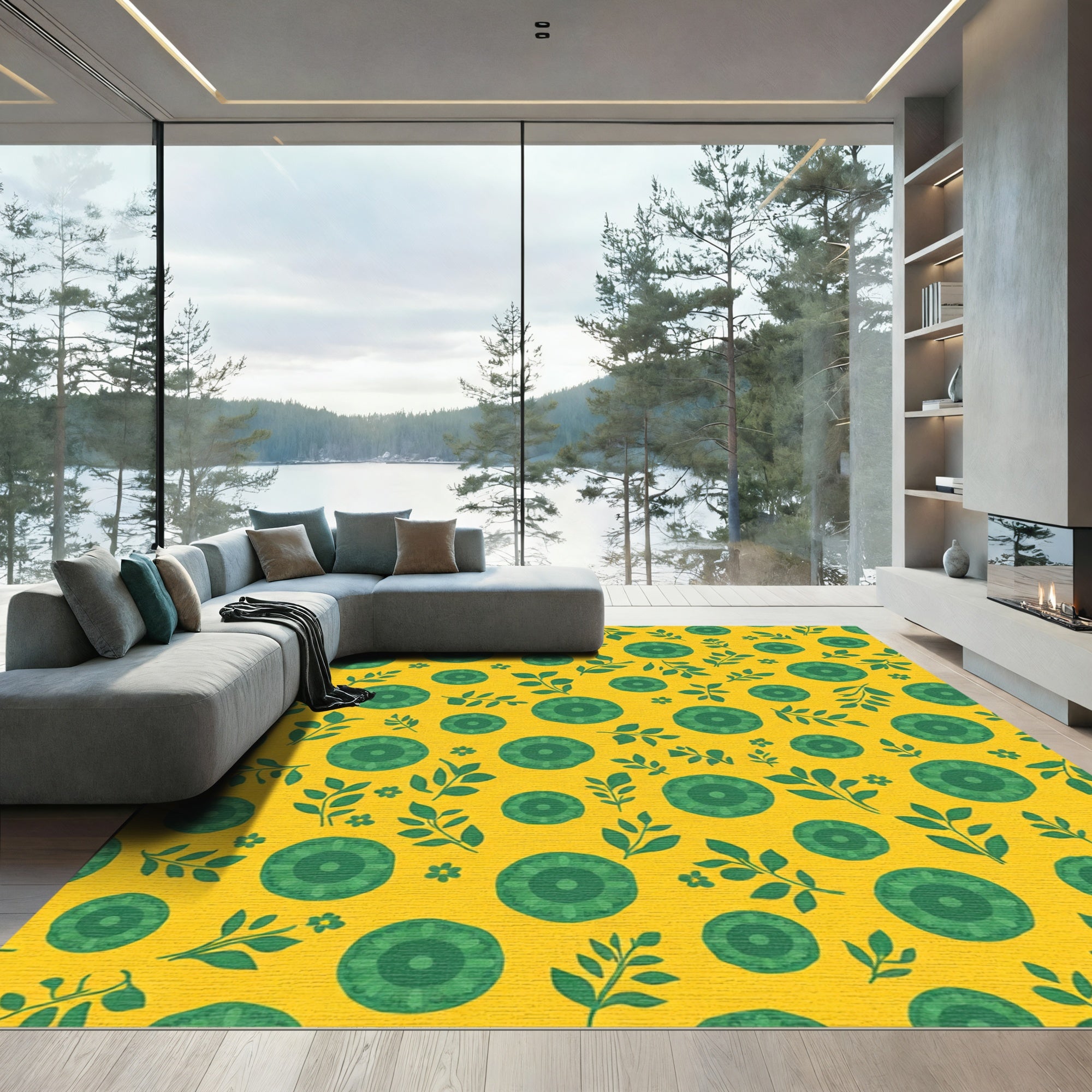 Golden Yellow Green Floral Garden Rug