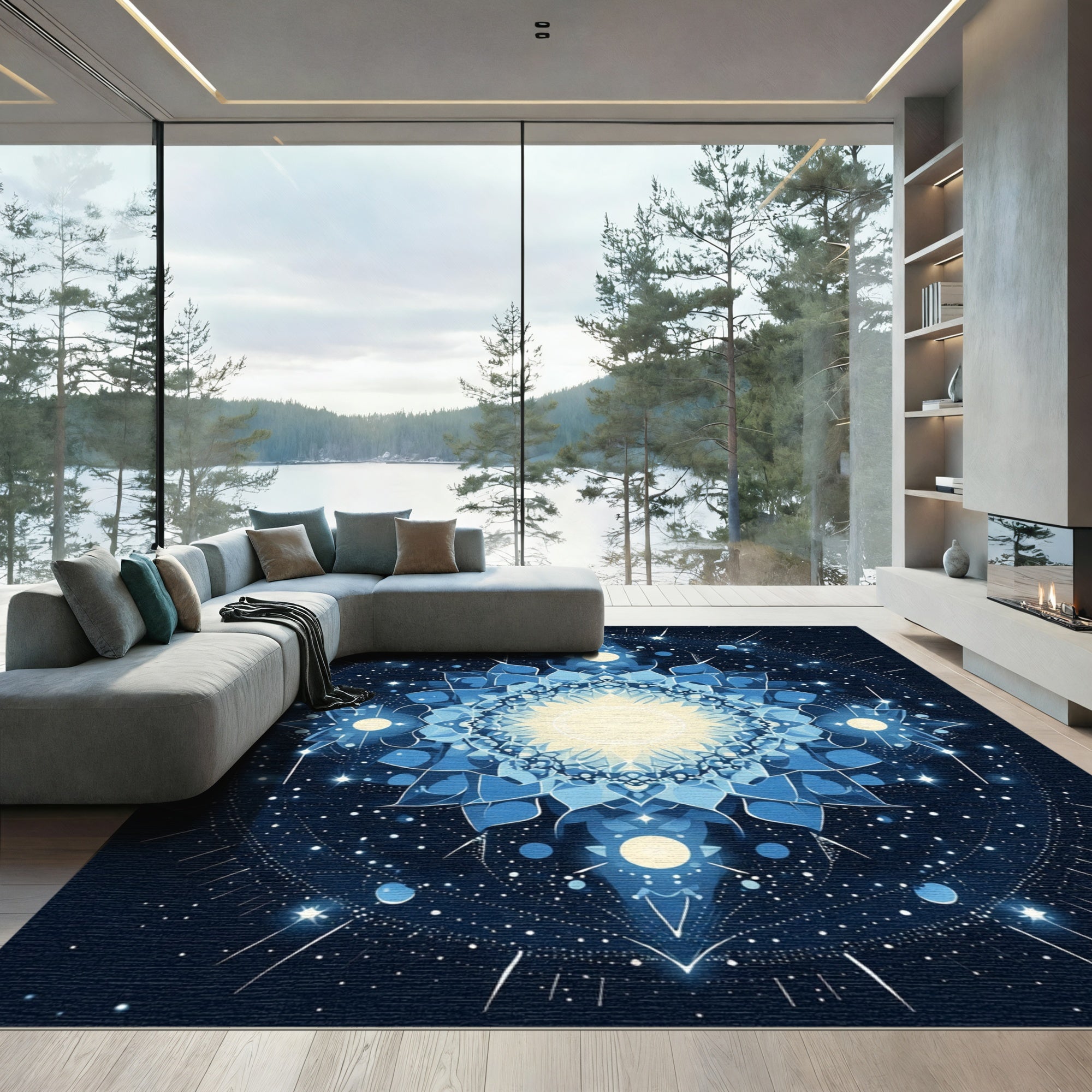 Cosmic Blue Sun Mandala Rug