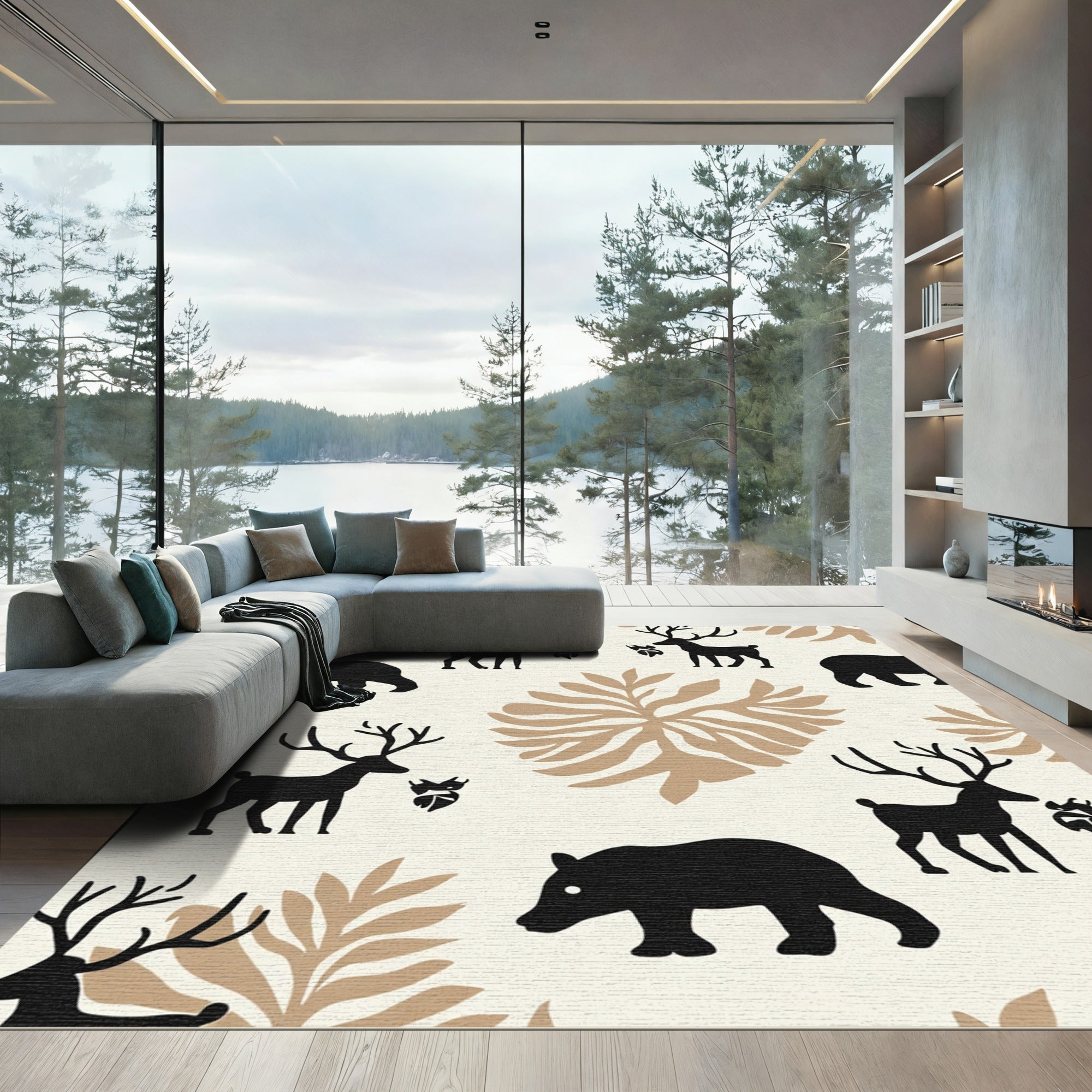 Rustic Woodland Deer Bear Foliage Rug