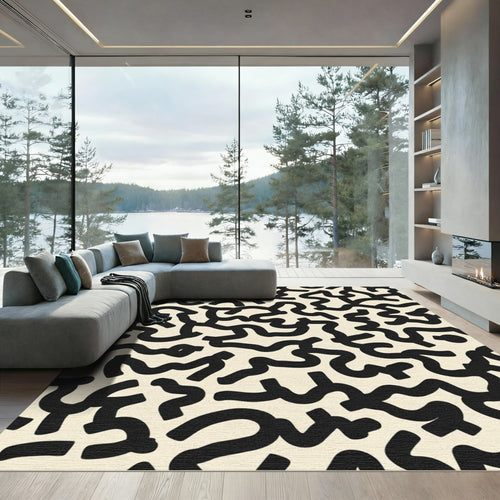 Abstract Black Organic Line Art Rug