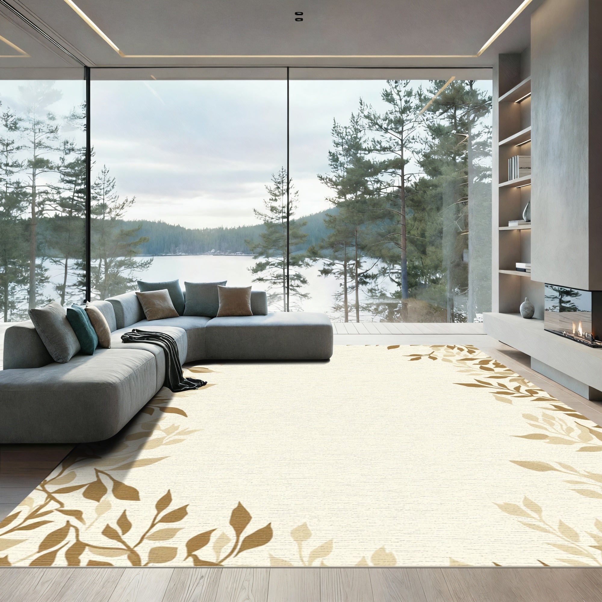 Earthy Tan Nature Leaf Branches Rug